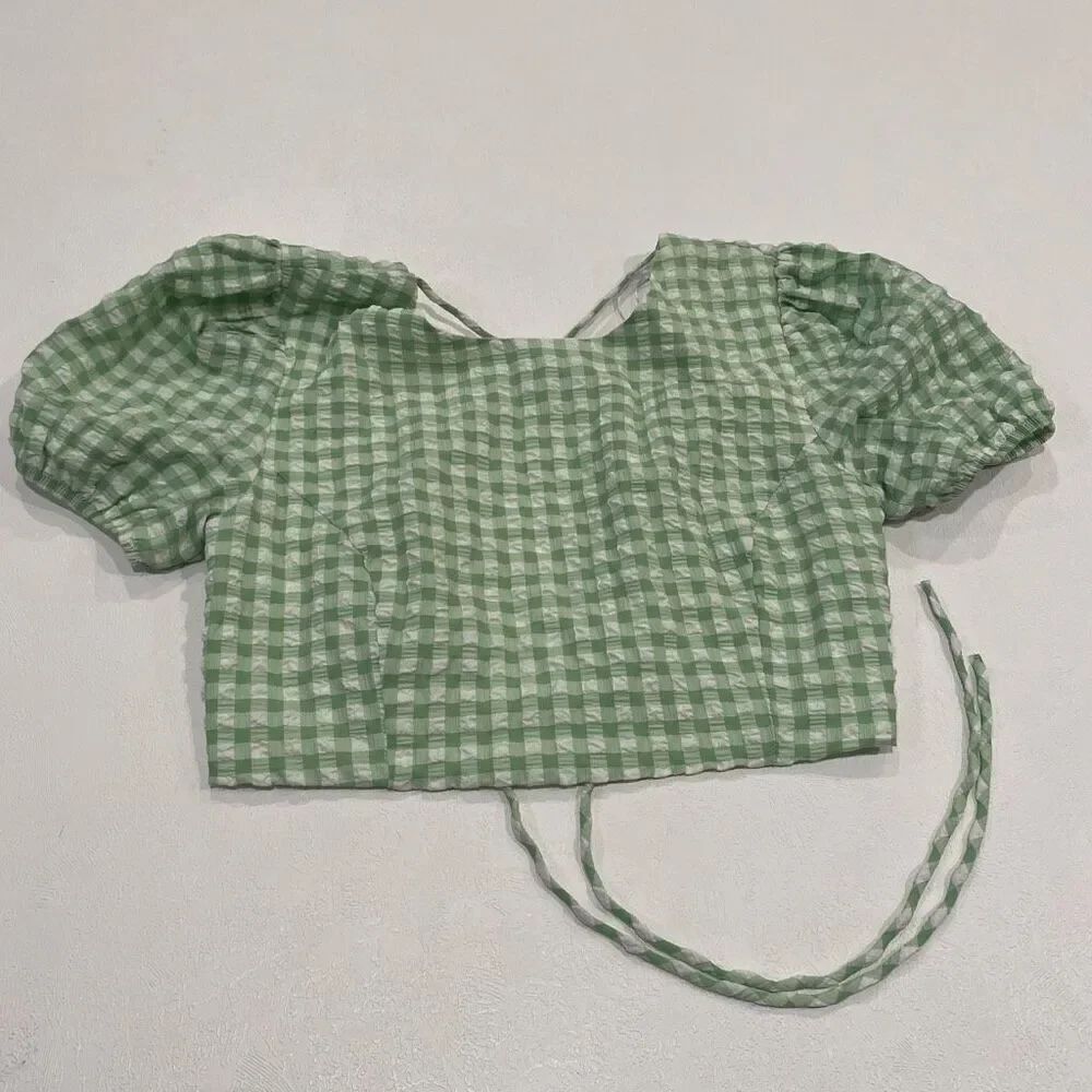 Bershka Green Gingham Puff Sleeve Crop Top M | Cottagecore Tie Back Blouse